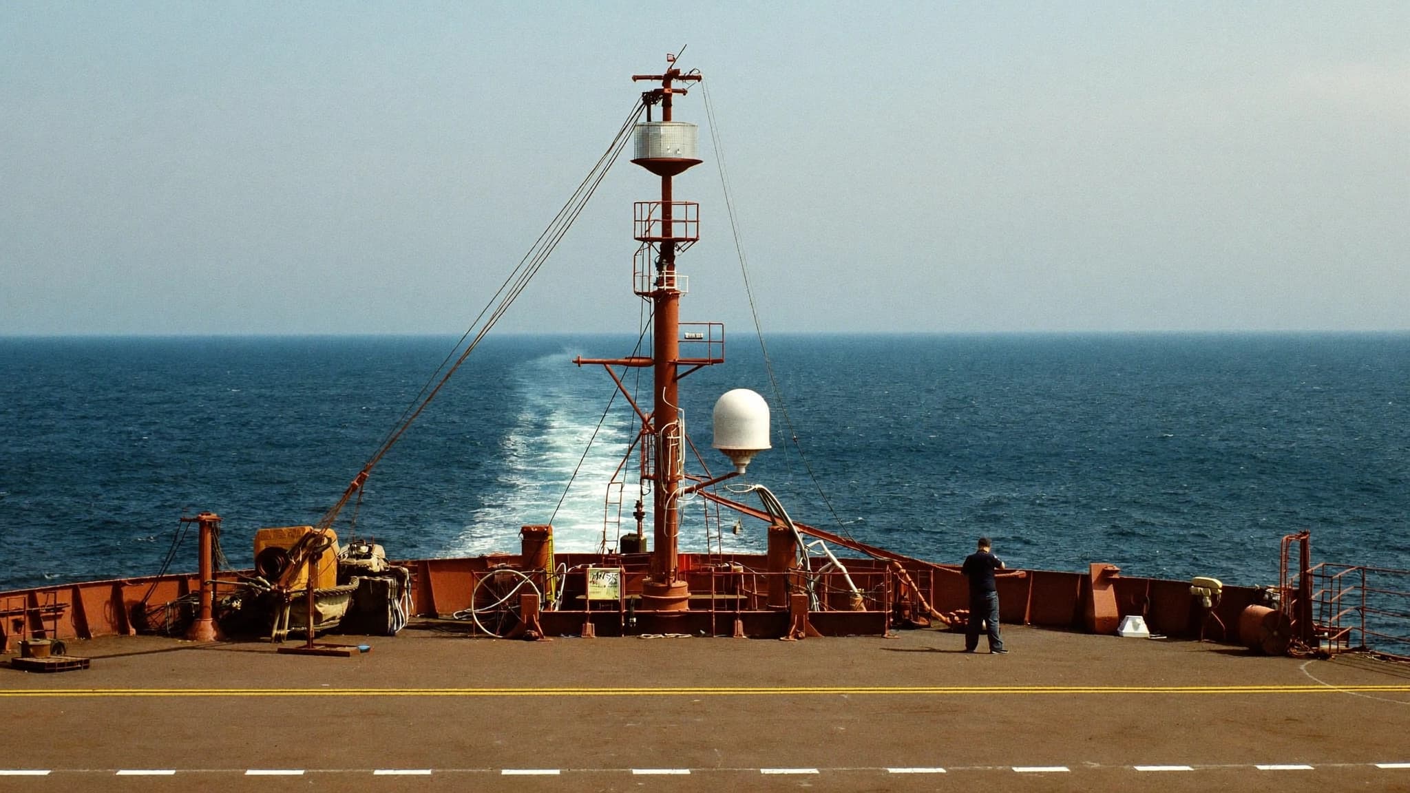Cargo ship deck looking out over the open sea